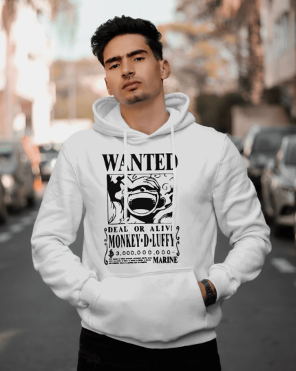 Luffy wanted poster white hoodie